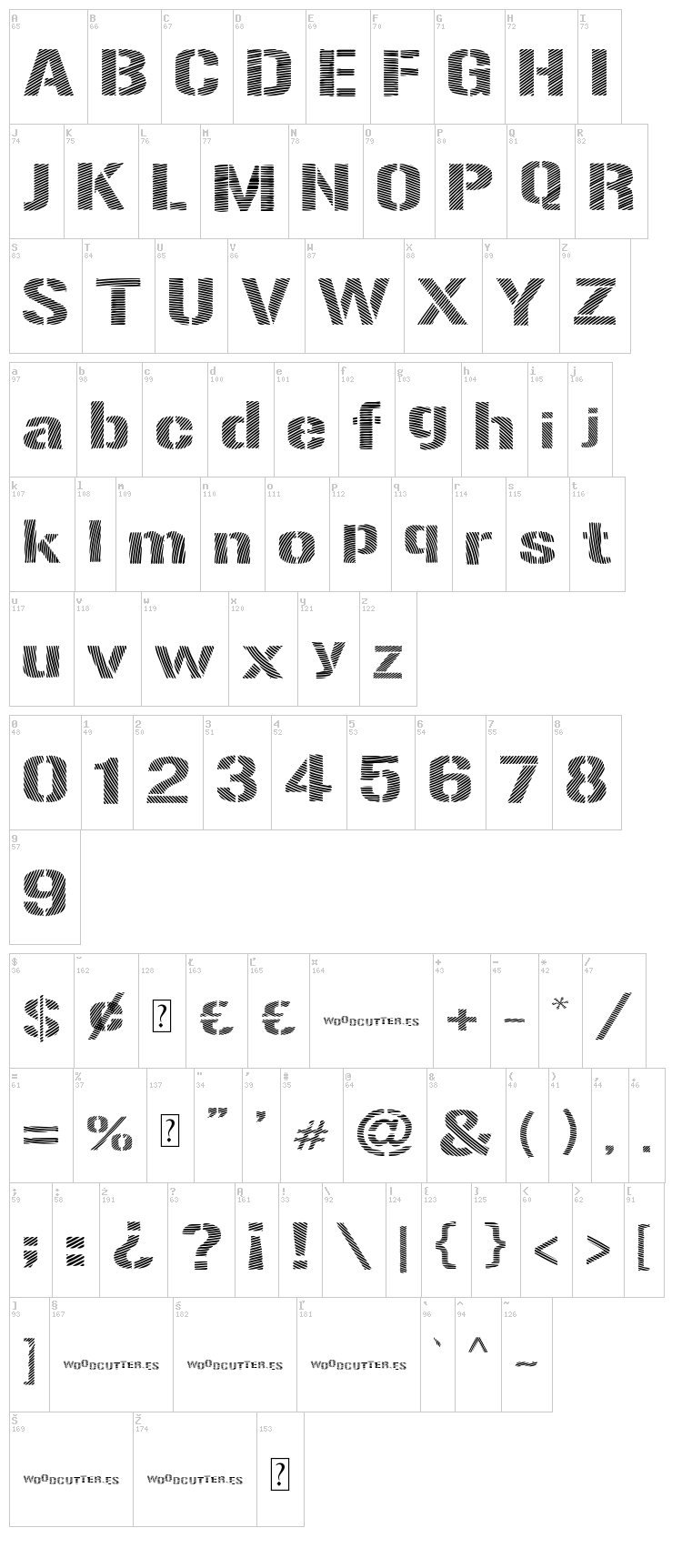 Woodcutter Optical Army font map